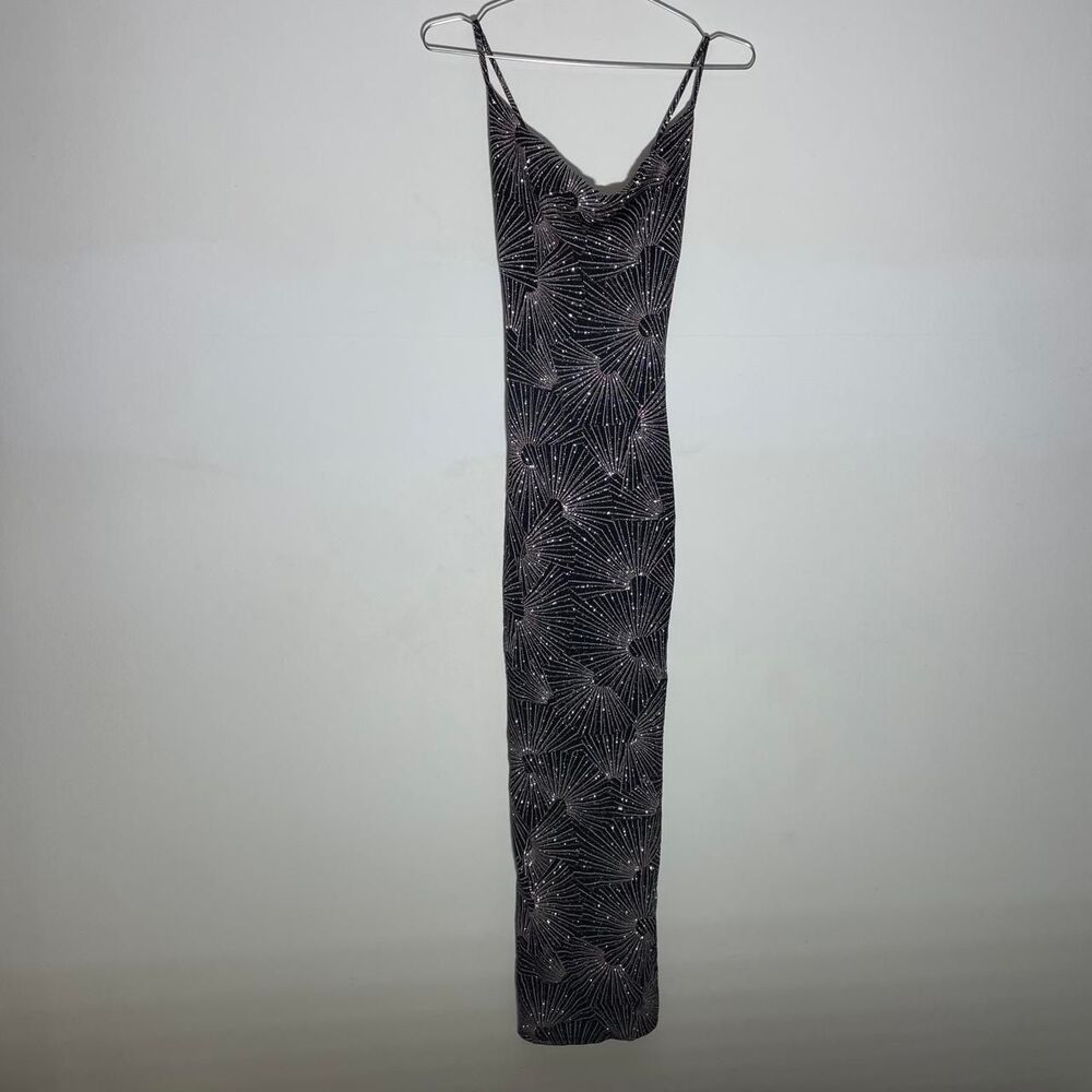 Misty Rose Black Rose Gold Glitter Art Deco Maxi Dress  Sz M